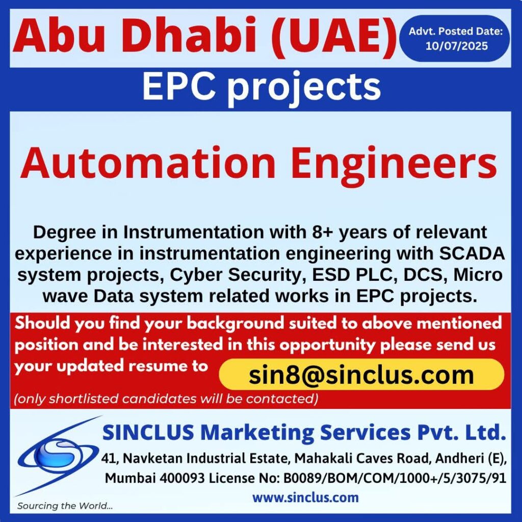 Automation Engineer job ad for EPC projects in Abu Dhabi